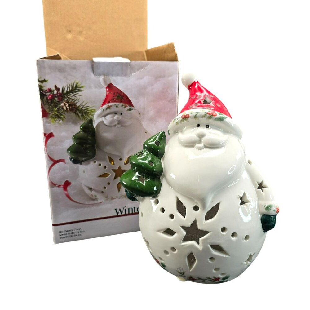 Pfaltzgraff Winterberry Ceramic Santa Candle Holder With LED Light VL1801
